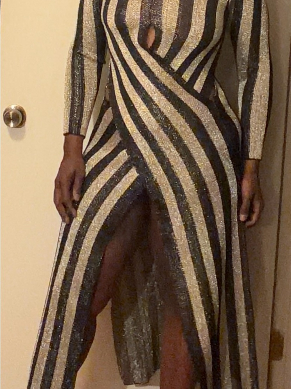 Black and Gold Striped Long-Sleeve Wrap Maxi Dress with Front Slit